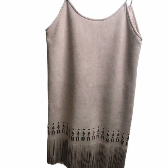Palette Micro Suede Fringe Cut Out Mini Spaghetti Strap Cha Cha Mauve Dress M - Picture 3 of 5